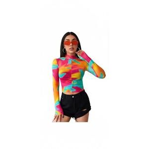SHEIN Discontinued Colorful Psychedelic Long Sleeve Ruched Mesh Crop Top
